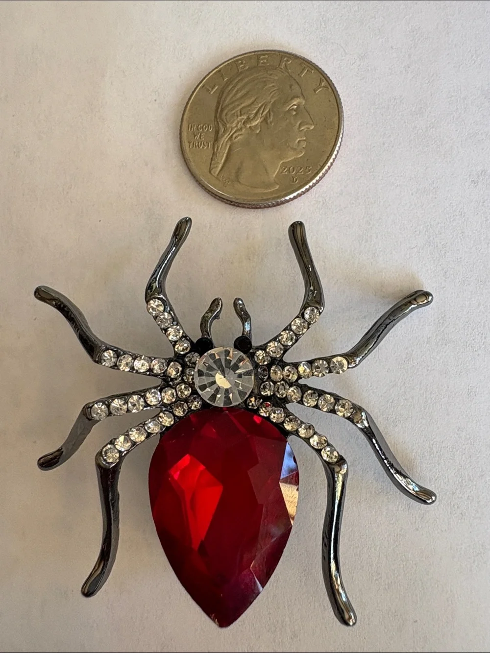 Red Gem Spider Brooch with Rhinestone Accents